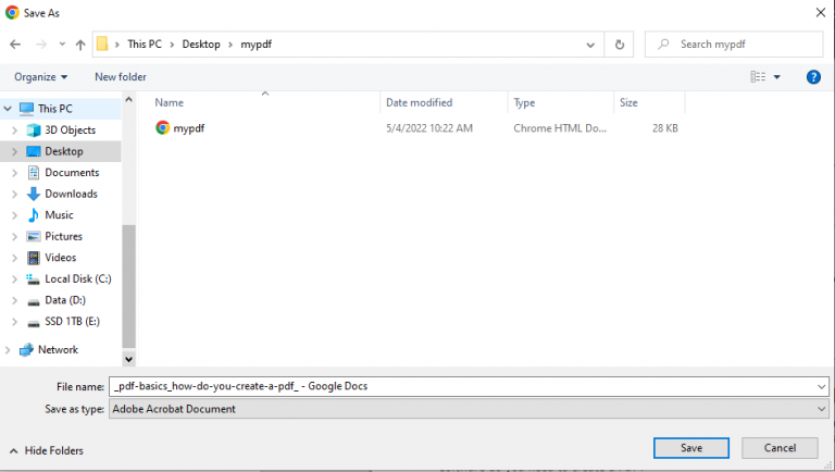 A Windows PC shows where to save a document titled mypdf from Chrome onto the desktop.