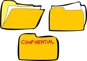 Cartoonish illustration for an article about how to password protect a PDF. Illustration is of three file folders, one of which has the word confidential on it. 