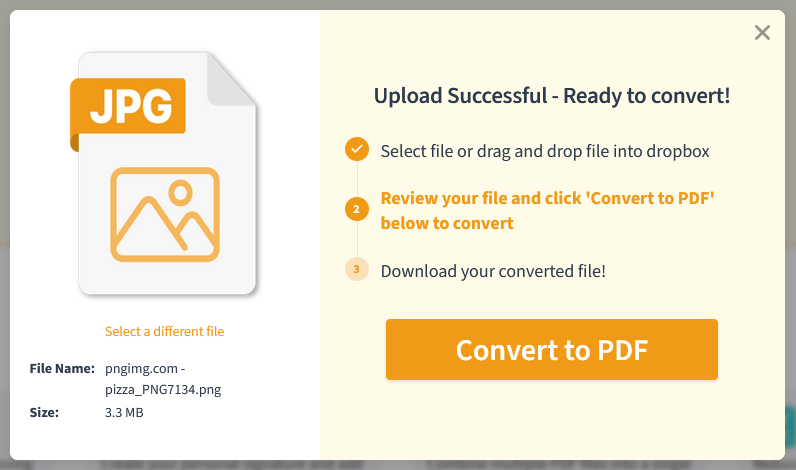 Image showing upload successful ready to convert. An orange button reads convert to pdf.