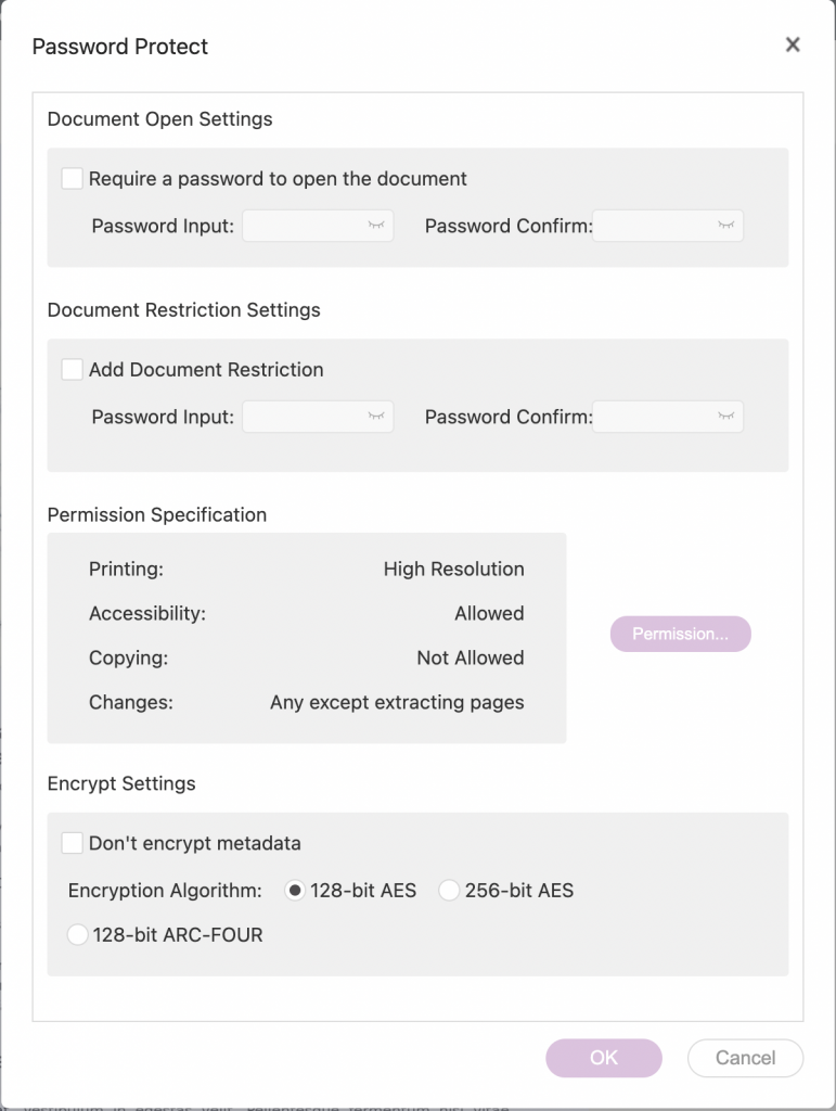 default settings for pdf live's option to password protect your pdf file