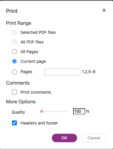 Screenshot of printing a computer and selecting current page or set pages, as well as headers and footer. 