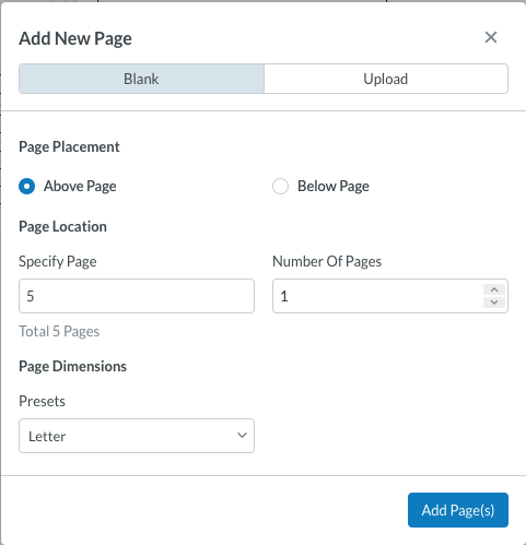 Add new page, select Blank and then page placement. Here the Above page option is selected. Other options include Below page or specific page placement.