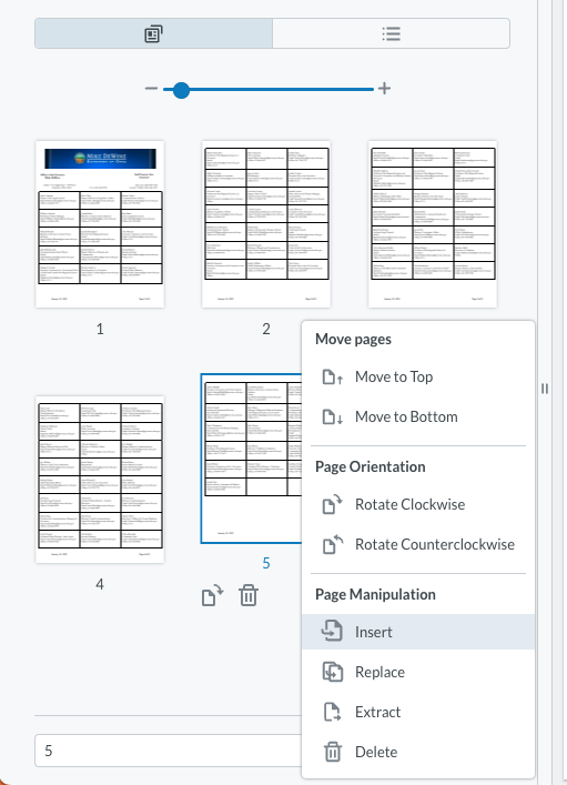 Right click on any page in the thumbnail view and select Page Manipulation and then Insert to insert a blank page. 