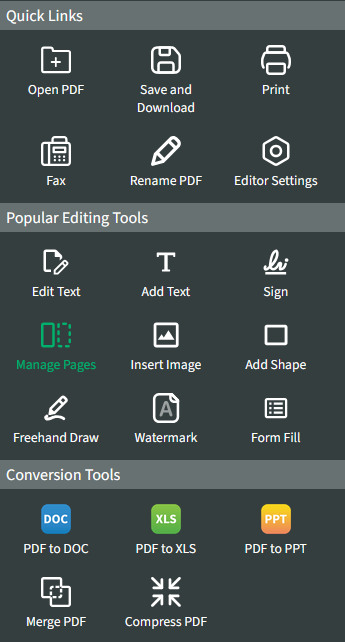 The Manage Pages option has been selected from the Popular Editing Tools menu. 