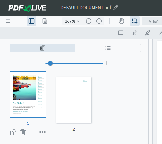 A slider allows you to zoom in and out of a PDF that's been uploaded to the PDF.Live editing tool. 