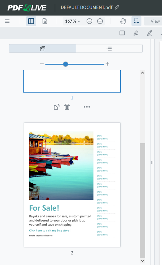 The thumbnail PDF editor shows the pages stacked on top of one another, rather than side by side.