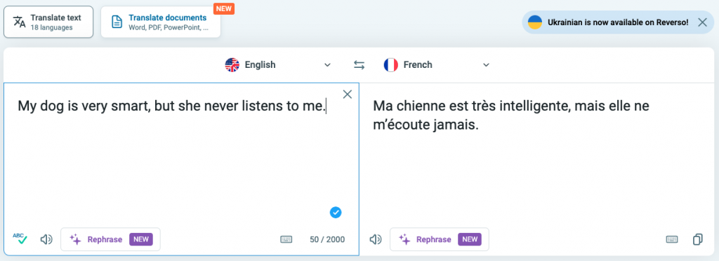 screenshot showing example of reverso translating a sentence from english to french for how to translate pdf article