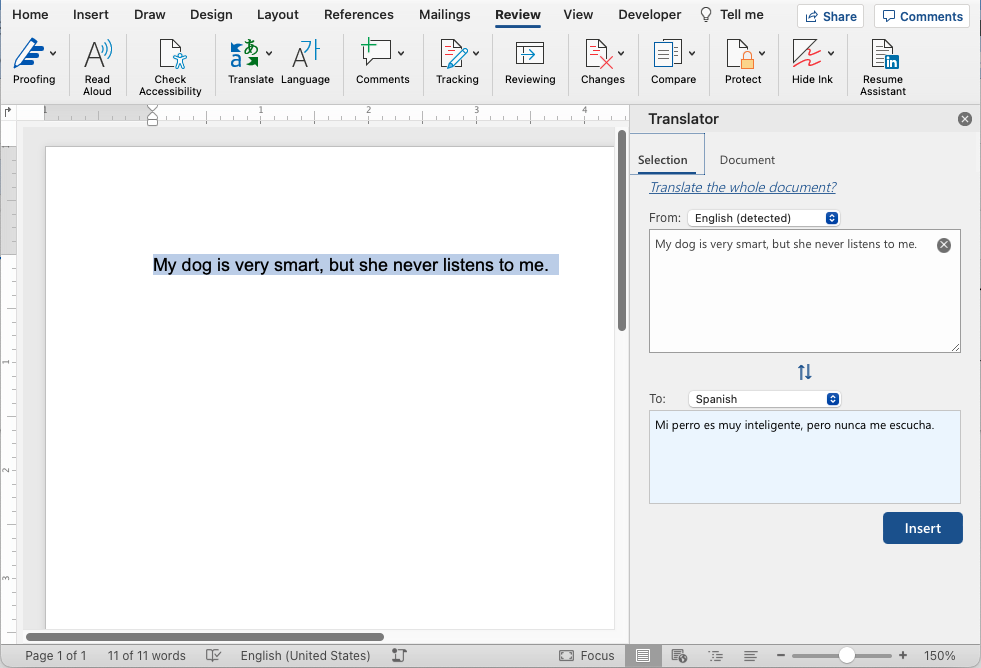 screenshot showing microsoft translater translating a sentence in a pdf from english to spanish