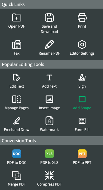 To white out text or objects on a PDF, select the Add Shape icon from the Popular Editing Tools menu. Here it is highlighted in green.