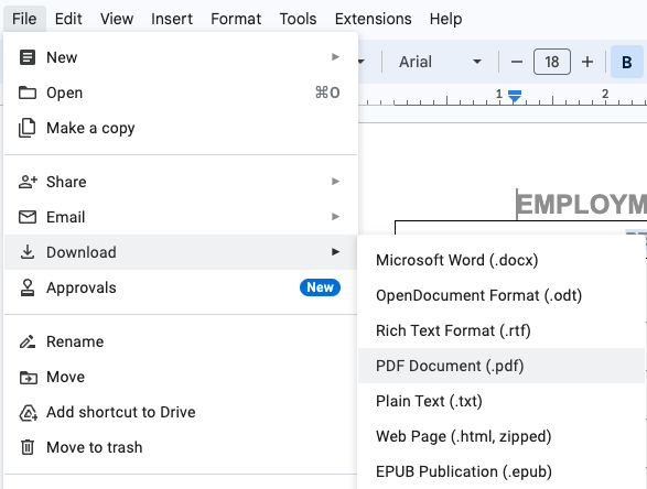screenshot showing how to download a google doc as a pdf
