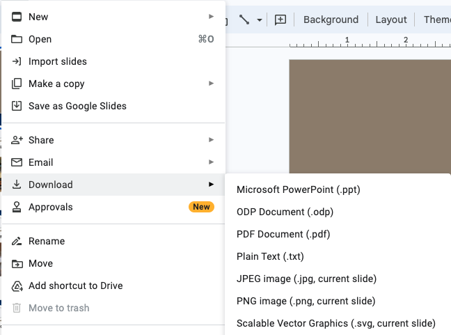 screenshot showing how to download as pdf from google slides