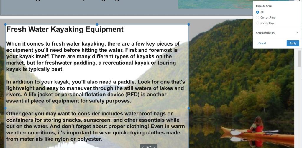 PDF Live will ask if you want to crop all pages in your PDF to this size, the current page or a specific page.