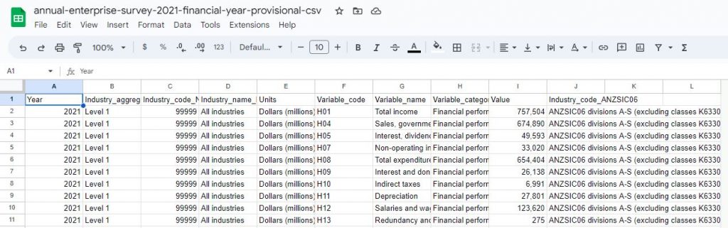 screenshot showing csv file converted with google sheets