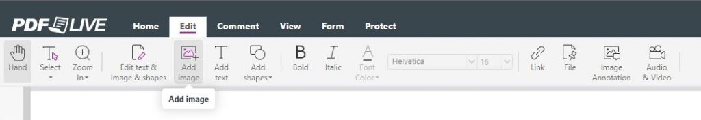 Screenshot showing where to find the add image option on pdf live. 