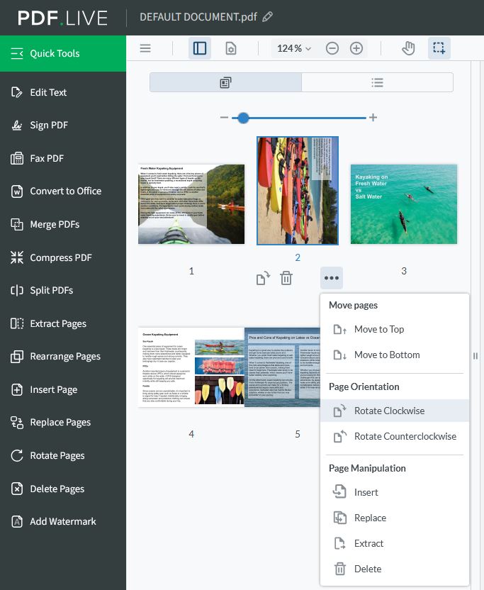 Rotate PDF pages clockwise or counter clockwise using the Page Orientation selection. 
