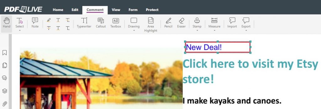 screenshot showing how someone added 'new deal' text box to a pdf online