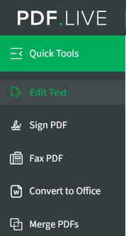 From the left-hand menu of PDF Live's editor, select Quick Tools and Edit Text to add a text box to a PDF