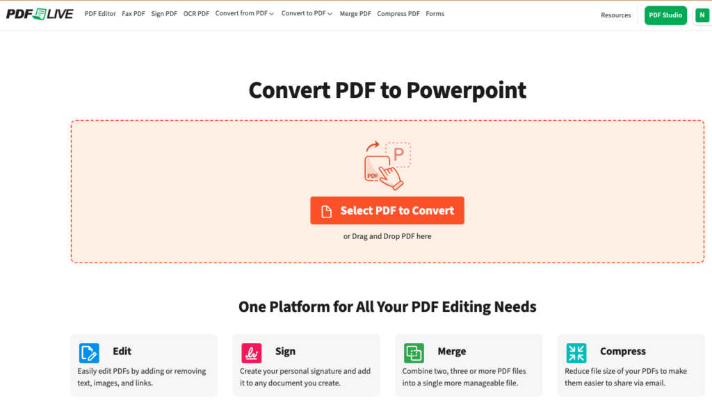 PDF Live's start page for converting a PDF to PowerPoint