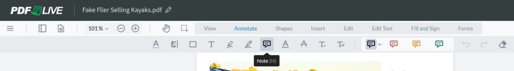 To add a comment to a PDF, select the Note tool from the Annotate toolbar.