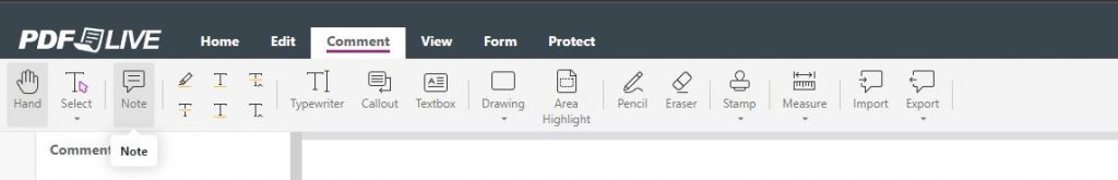 screenshot showing where to find the add comment box on a pdf in pdf live