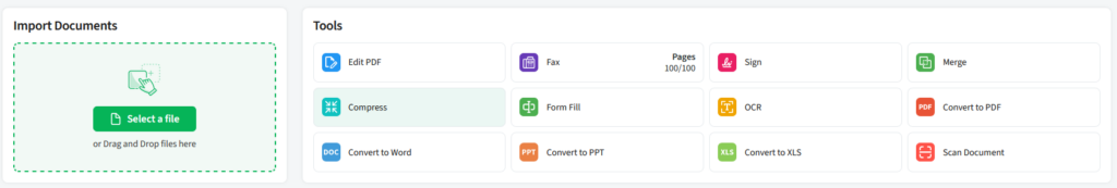 Closeup of the PDF Live Studio showing the import documents panel with tools that include Compress.