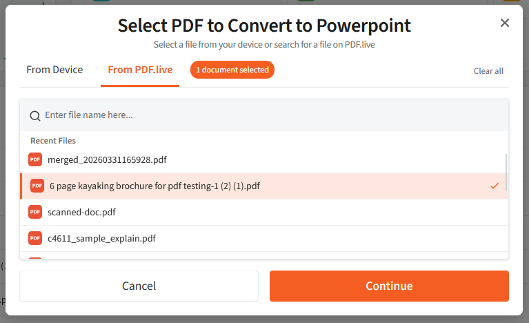 Image showing pdf live's utility to select an uploaded pdf from the studio dashboard.