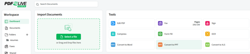 An image of the pdf live studio showing all the options. Convert PDF to PowerPoint is selected.