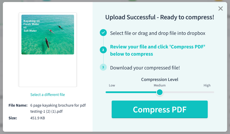 On the left a thumbnail of the uploaded PDF, kayaking on fresh water vs salt water is visible. On the right the message reads upload successful ready to compress. A teal button says compress pdf.
