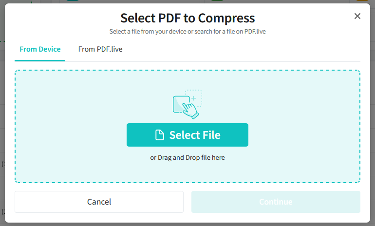 This shows the PDF Live compress feature. THe prompt says to select a pdf to compress either from device or from PDF.live.