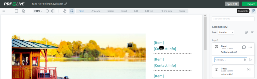 Locate the comments icon in the upper right corner of the online editor.