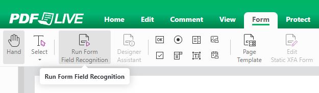 screenshot showing the run form field recognition button on pdf live