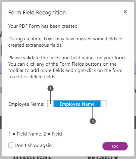 screenshot showing how the form field recognition works