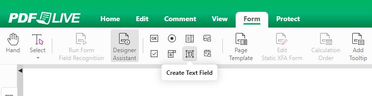 screenshot showing where the create text field button is on pdf live's editor