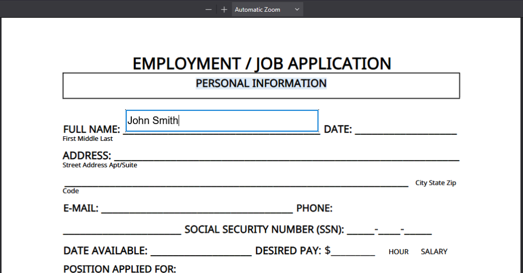 Image showing and example of an editable form for a job application with the personal information field selected and John Smith entered in the full name field.