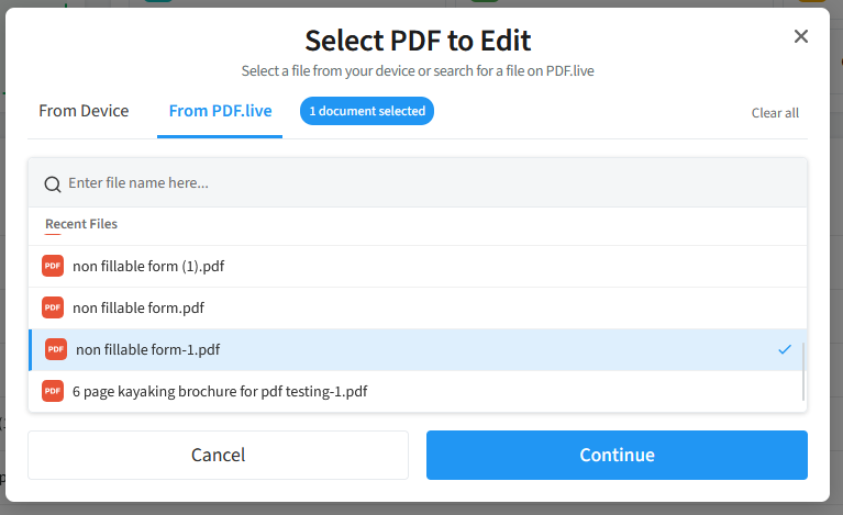 Image showing pdf live's editing tool with 1 document selected and the continue button highlighted.