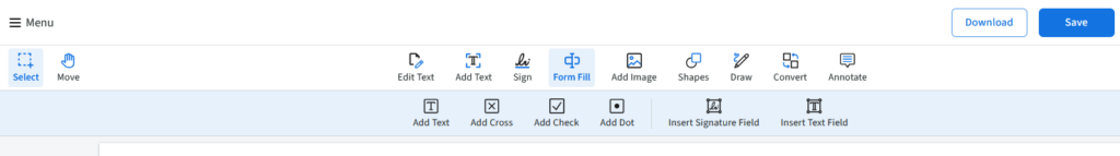 Image showing the pdf live studio's editing tool and the form bill option selected from the menu.
