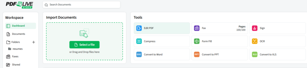 Image showing pdf live studio's dashboard and edit pdf selected from the menu of options. 
