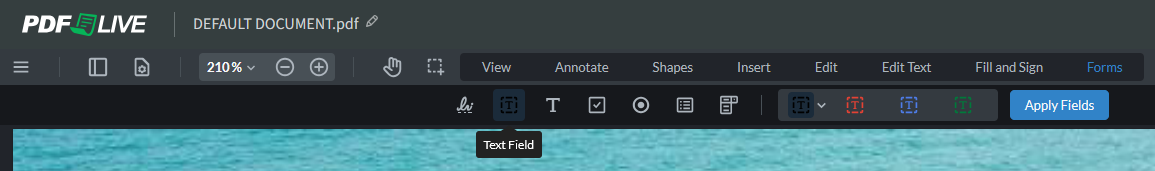 screenshot showing where the create text field button is on pdf live's editor