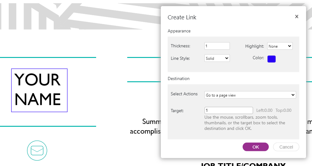 screenshot showing how to create a link in a pdf using a resume template as an example. 