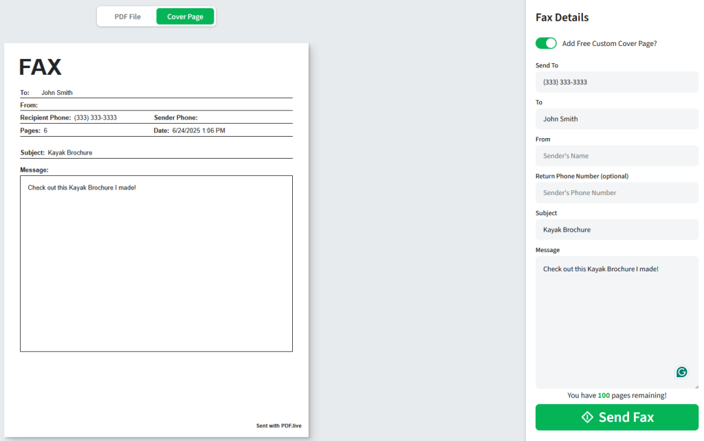 Screenshot showing what the PDF Live cloud fax tool looks like with faxing options filled in and the "add a free custom cover letter" option selected.