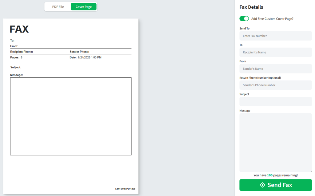 screen shot of PDF Live's cloud based fax tool with an example of a homework assignment uploaded and ready to fax.