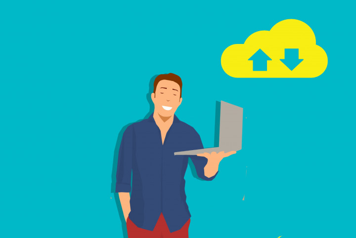 cartoonish illustration of a guy holding a laptop with an up and a down arrow
