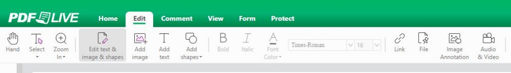 edit text pdf online, screen shot showing where to find pdf live's text editor on the main menu 