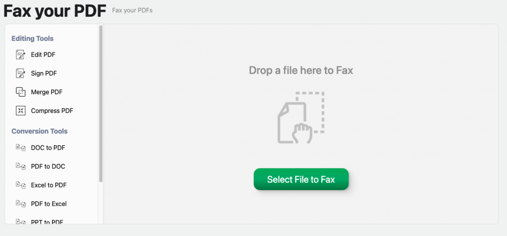 screen shot showing what pdf live's fax tool looks like and the green button that reads select file to fax