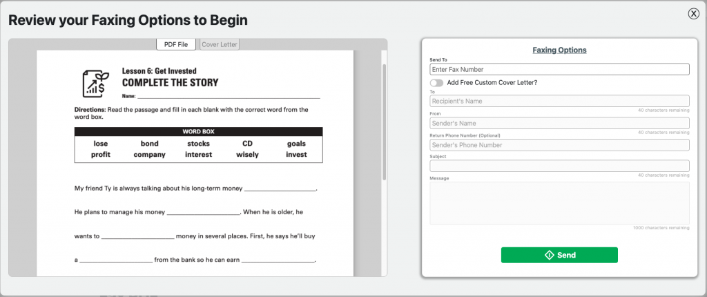 screen shot of PDF Live's cloud based fax tool with an example of a homework assignment uploaded and ready to fax.