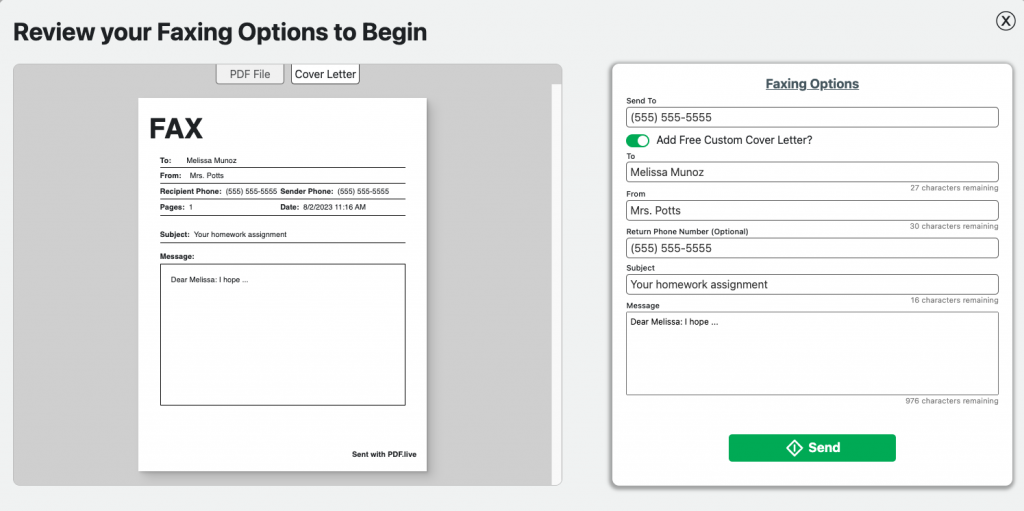Screenshot showing what the PDF Live cloud fax tool looks like with faxing options filled in and the "add a free custom cover letter" option selected.