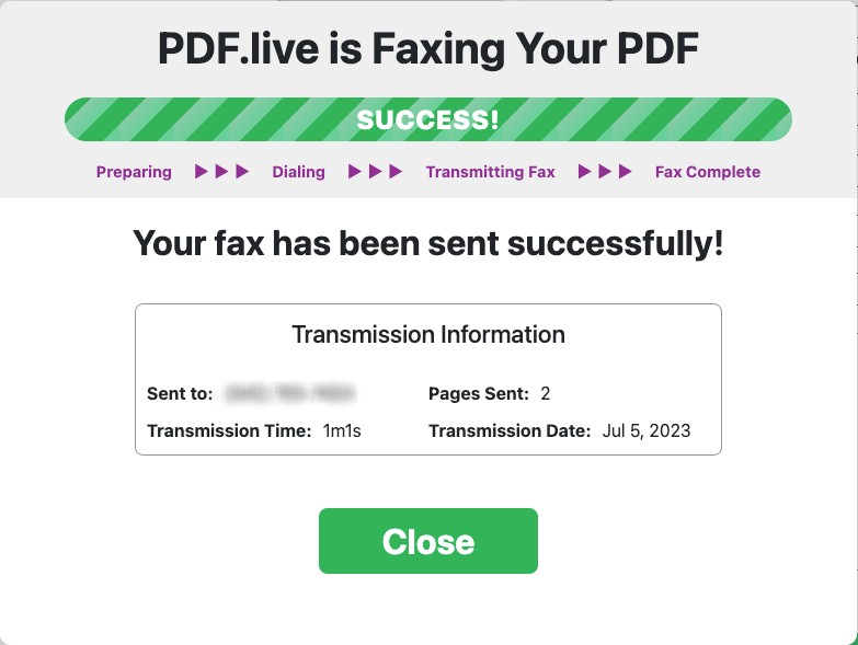 Screenshot of a confirmation message that reads "PDF.Live is faxing your PDF" and then "Your fax has been sent successfully!"
