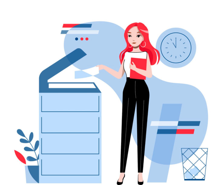Cartoon like illustration of a woman using a copier or fax machine at work