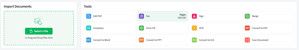 Image of pdf live's studio with the fax option selected from the menu.