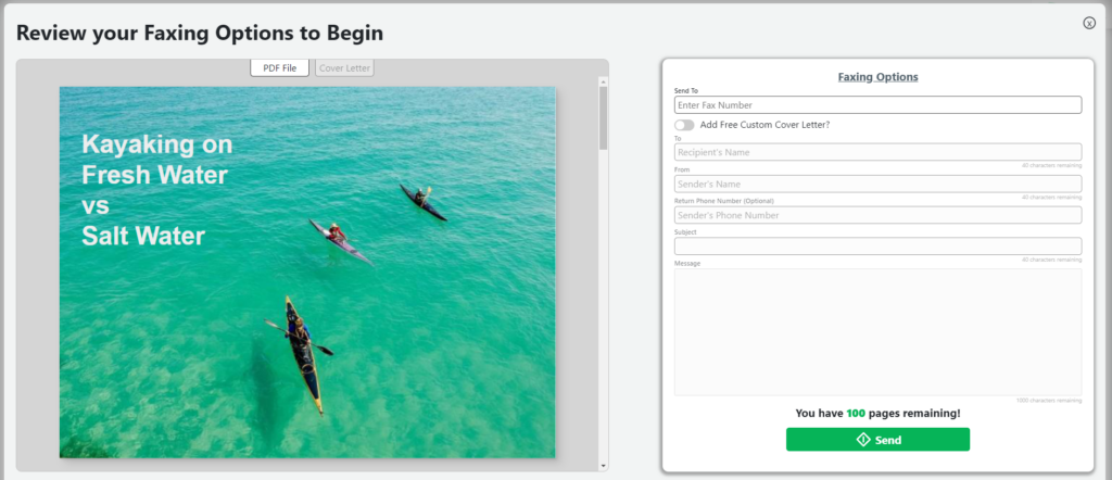 Uploaded PDF of a kayaking on fresh water brochure is on the left. Faxing options is on the right with balnk fields for recipient information.